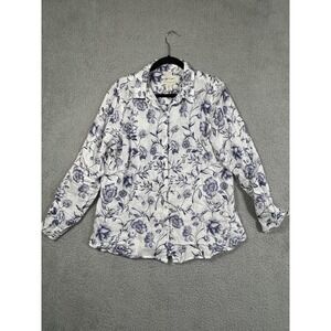 Cynthia Rowley Shirt Women Large White Blue 100% Linen Button Up Floral Collared